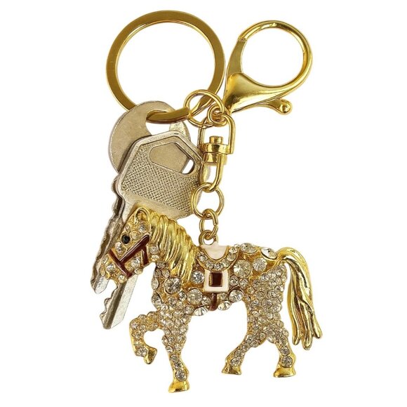 Golden Horse Rhinestone Keychain Ornament With Moveable Tail, Gift For Horse Lov - Picture 12 of 13